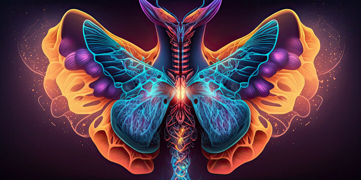 View of the thyroid gland, a small but important gland in the neck that produces hormones that regulate metabolism.  - Generative AI