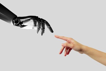 Artificial intelligence, future technology and business concept - robot and human hand. A person...