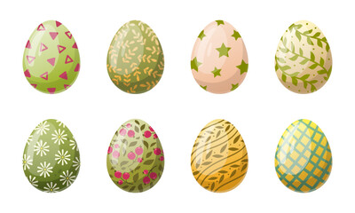 Cartoon Easter eggs. Painted spring holiday eggs, traditional egg hunt chocolate egg flat vector illustration set