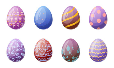 Easter eggs. Spring holiday painted egg, egg hunt chocolate traditional eggs flat cartoon vector illustration set
