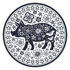 Chinese pig zodiac sign. Horoscope piggy silhouette, oriental astrological calendar Lunar New Year piglet sign flat vector illustration