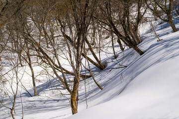 石川県金沢市にある医王山、白兀山を雪山登山している風景 Scenery of snow climbing Mt. Iozen and Mt. Shirahage in Kanazawa City, Ishikawa Prefecture, Japan.