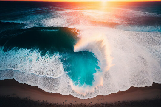 Sea waves, top view. Seashore sea waves, bright beach. Wave at beach. Splashing Waves in ocean with turquoise water. Sea aerial view in tropical sunset. Beach scene, drone view. Ai Generative