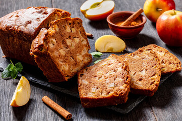 apple cinnamon bread on slate board, top view