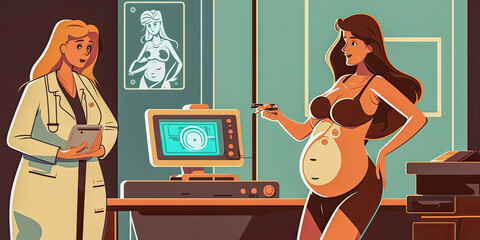 Illustration of a pregnant woman undergoing an ultrasound scan, with the technician and equipment visible in the background - Generative AI - obrazy, fototapety, plakaty