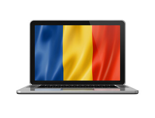 Romanian flag on laptop screen isolated on white. 3D illustration