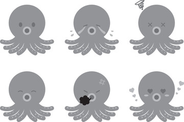 ゆるかわなタコ6種セット　グレースケール
