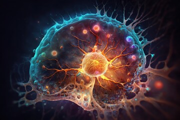 Space universe in a human brain cell. Structure of the human brain synapses. Generative AI 