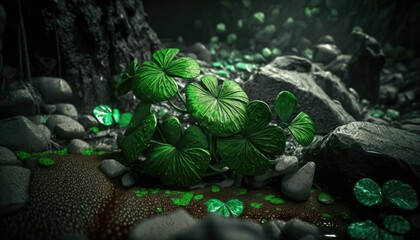 Four leaf clover background, St. Patrick's Day concept, green designer template, generative AI