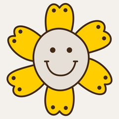 Smiling flower, abstract personage, mascot design, funny face, cute icon.