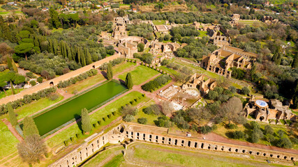 Aerial view of the Pecile in Hadrian's Villa. Villa Adriana is a World Heritage comprising the...