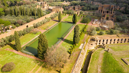 Aerial view of the Pecile in Hadrian's Villa. Villa Adriana is a World Heritage comprising the...