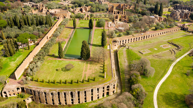 Aerial view of the Pecile in Hadrian's Villa. Villa Adriana is a World Heritage comprising the ruins and archaeological remains of a complex built by Roman Emperor Hadrian at Tivoli, near Rome, Italy.