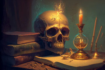 Skull with Candle and Books. Dark and Spooky Halloween Literature