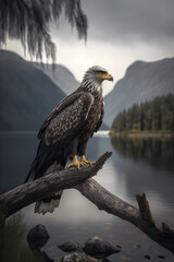 Obraz premium Majestic Eagle: Symbol of Freedom and Strength in a Scenic Mountain Landscape with Clear Blue Sky and White Clouds, Generative AI