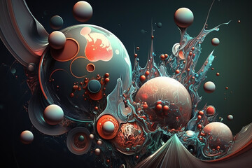 Beautiful 3D trippy psychedelic spheres illustration with liquid - background, macro, psychic wave inspired, Generative AI