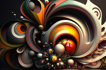 Beautiful 3D trippy psychedelic spheres illustration - background, macro, psychic wave inspired, Generative AI