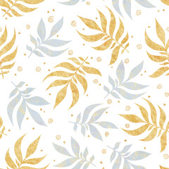 Seamless background with floral ornament. Golden and gray leaves on a white background. Raster illustration for interior design, packaging printing, wrapping, postcard. Printing on fabric and paper.