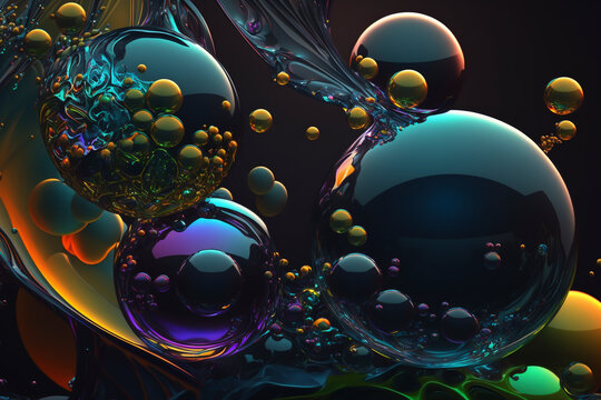 Beautiful 3D trippy psychedelic spheres illustration with liquid - background, macro, psychic wave inspired, Generative AI