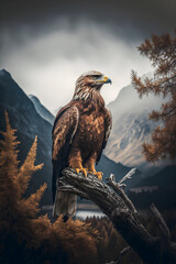 Majestic Eagle: Symbol of Freedom and Strength in a Scenic Mountain Landscape with Clear Blue Sky and White Clouds, Generative AI