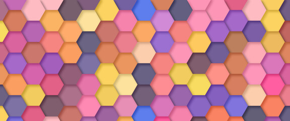 Abstract bright and colorful hexagon mosaic background. Beautiful colorful background of hexagonal shapes randomly. Hexagons line in luxury futuristic background. Fantasy style artistic wallpaper.