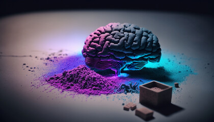 Artistic illustration of a human brain exploding with fantasy dust with knowledge and creativity. AI Generative.