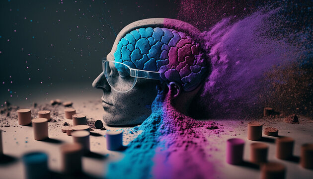 Artistic illustration of a human brain exploding with fantasy dust with knowledge and creativity. AI Generative.
