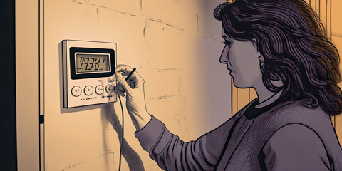 A woman setting up a home automation sensor at the wall - Generative AI