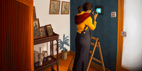 A woman setting up a home automation sensor at the wall - Generative AI