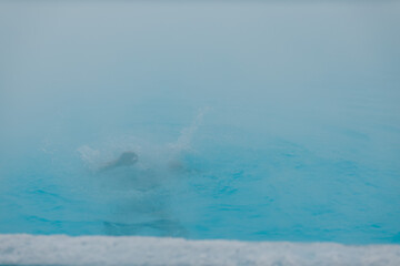 Fit swimmer male training swim in open winter swimming pool with fog. Geothermal outdoor spa health concept.