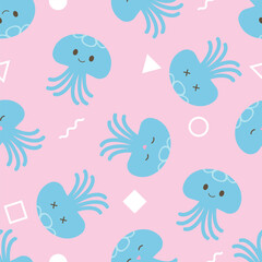 ゆるかわなクラゲと幾何学模様のシームレスパターン