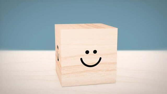 Happy Face in bright side and Sad face in dark side on wooden Cube. Positive mindset and Smiling Character Selection Concept. Different Emotions and Feeling. 3D render 4K Animation 