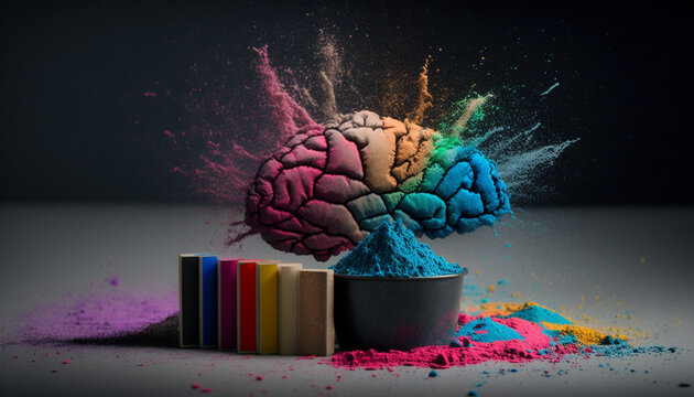 Artistic illustration of a human brain exploding with fantasy dust with knowledge and creativity. AI Generative.