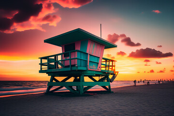 Lifeguard tower on beach on sunset. Miami Beach with lifeguard tower. Rescue tower with lifeguard to watch swimmers in sea to prevent drowning and danger. Colourful Sunset on beach. Ai Generated.