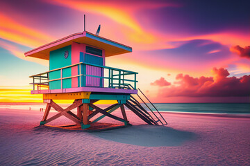 Fototapeta premium Lifeguard tower on beach on sunset. Miami Beach with lifeguard tower. Rescue tower with lifeguard to watch swimmers in sea to prevent drowning and danger. Colourful Sunset on beach. Ai Generated.