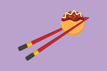 Graphic flat design drawing fresh delicious Japanese takoyaki ball on chopstick restaurant logo emblem. Seafood cafe shop logotype template concept for food delivery. Cartoon style vector illustration