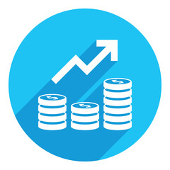 Financial graph with dollar coins. flat icon. long shadow design. blue background.