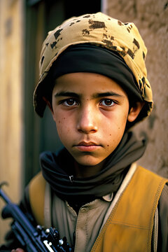 Afghan teenager armed boys looki.ng at camera. Children of war. Photo journalism. Generative AI