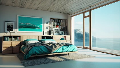 Modern hotel room illustration with view on the ocean. Generative AI.
