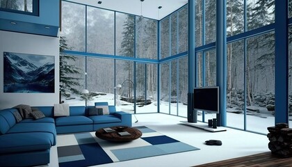 White and blue spacious modern living room design idea in the snow. Generative AI illustration.