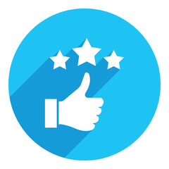Thumbs up with star symbol. like button. flat icon. long shadow design. blue background.