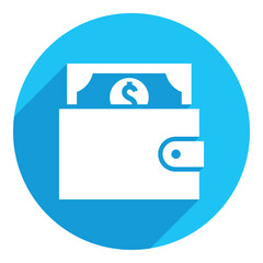 Wallet and dollar banknote. flat icon. long shadow design. blue background.