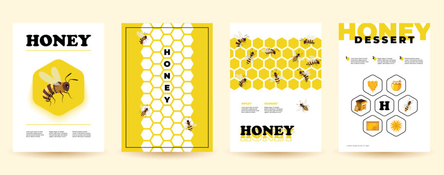 Honey flyers. Cartoon posters with bee insect honeycomb beehive, natural organic beekeeping product elements for branding design. Vector set