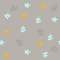 Hand drawn seamless pattern with abstract flowers and doodle elements.Simple illustration for home decor, interior design, wallpaper, kids fashion, print for cover design, baby shower and decoration