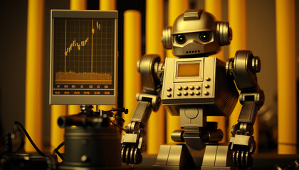 Future business 3d technology robot and stock chart traders, stock chart analysis to beat the market. Generative AI.