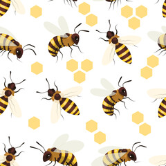 Honey bee pattern. Seamless print with winged striped insect, cute doodle apiary beekeeping elements for wrapping decoration fabric. Vector texture