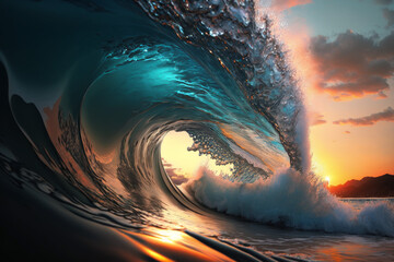 Photorealistic ai artwork of a wave breaking at sunset or sunrise. Generative ai.