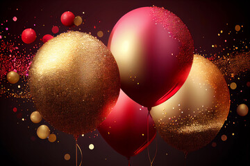 Fototapeta na wymiar Set of golden and red metallic glossy colors balloons with strings with sparkles on the background. For birthdays, parties, weddings or promotion banners or posters. Vivid and realistic illustration
