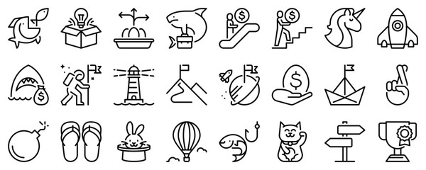 Fototapeta premium Line icons about business metaphors on transparent background with editable stroke.
