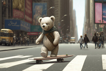 Ai artwork of a teddy bear riding a skateboard on the streets of new york city. Generative ai.